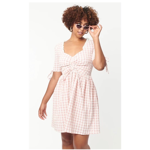 Sz-1X-Smak Parlour-pink & white gingham eyelet Woodstock flare dress w/pockets! - Picture 3 of 10